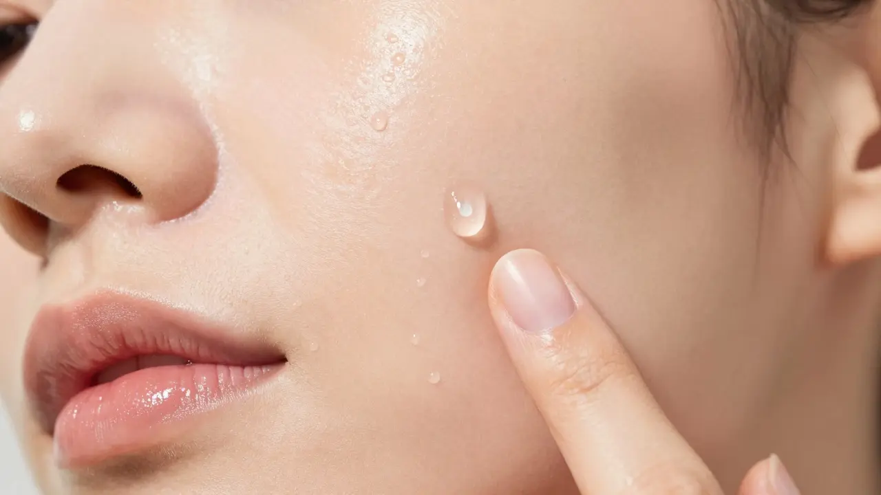 Detail nanášení kapky séra na vlhkou pleť jemným vtlučením prstem.