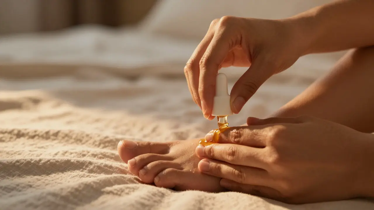 Detail vmasírování plejivého oleje do nehtů na nohách pro udržení jejich pružnosti.