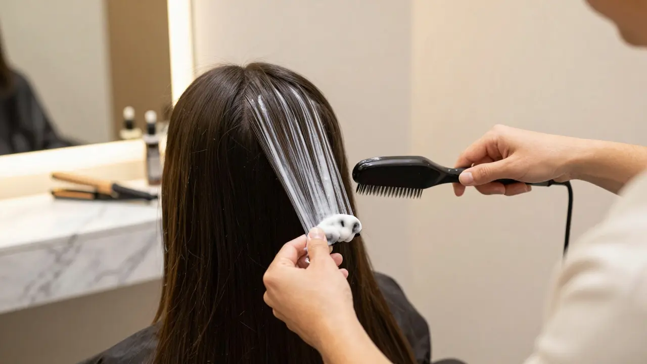 Kadeřnice nanáší regenerační botoxovou směs na sekce dlouhých vlasů v salonu.