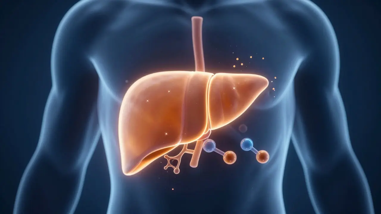 Konceptuální ilustrace jater při procesu odbourávání alkoholu v lidském těle.