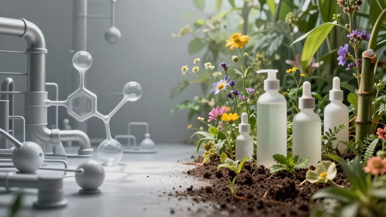 Konceptuální obraz přechodu od syntetické kosmetiky k přírodní organické péči.