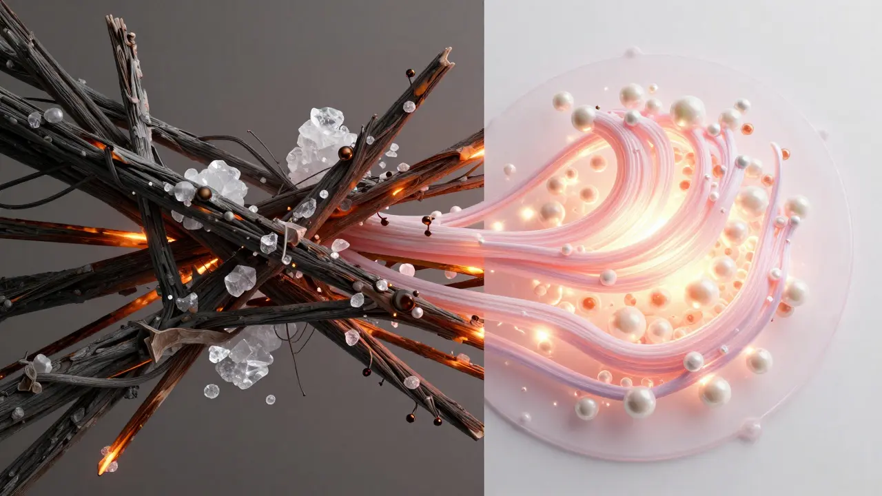 Konceptuální obraz znázorňující ničení kolagenu cukrem a UV zářením oproti jeho obnově.