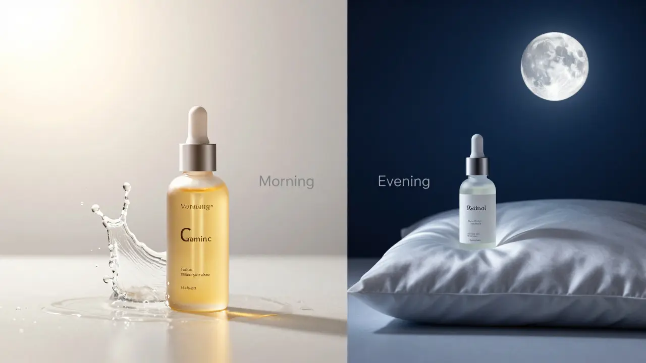 Konceptuální srovnání ranního séra s vitaminem C a večerního séra s retinolem.