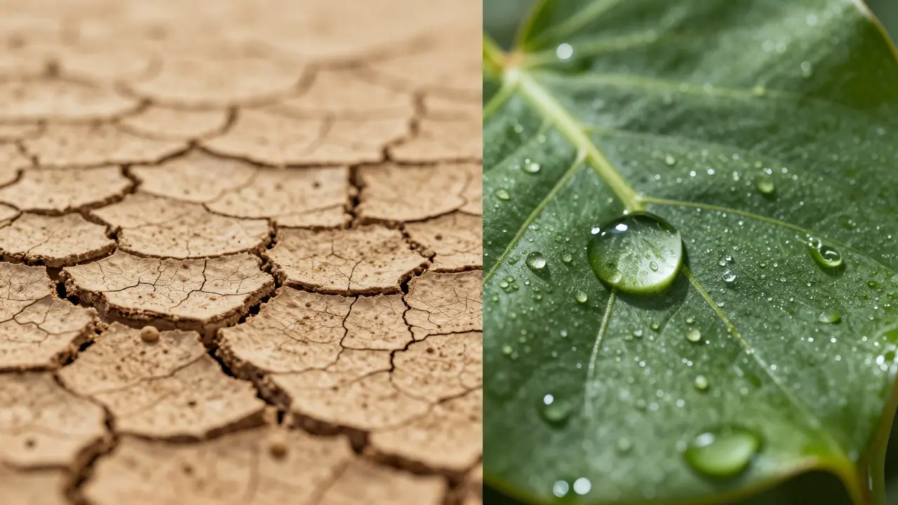 Konceptuální srovnání suché půdy a hydratovaného listu s rosou.