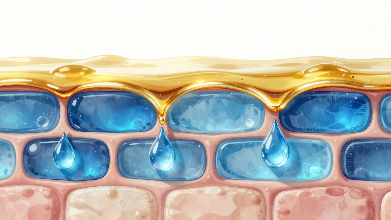 Konceptuální znázornění ochranné lipidové vrstvy oleje uzamykající vlhkost v pokožce.