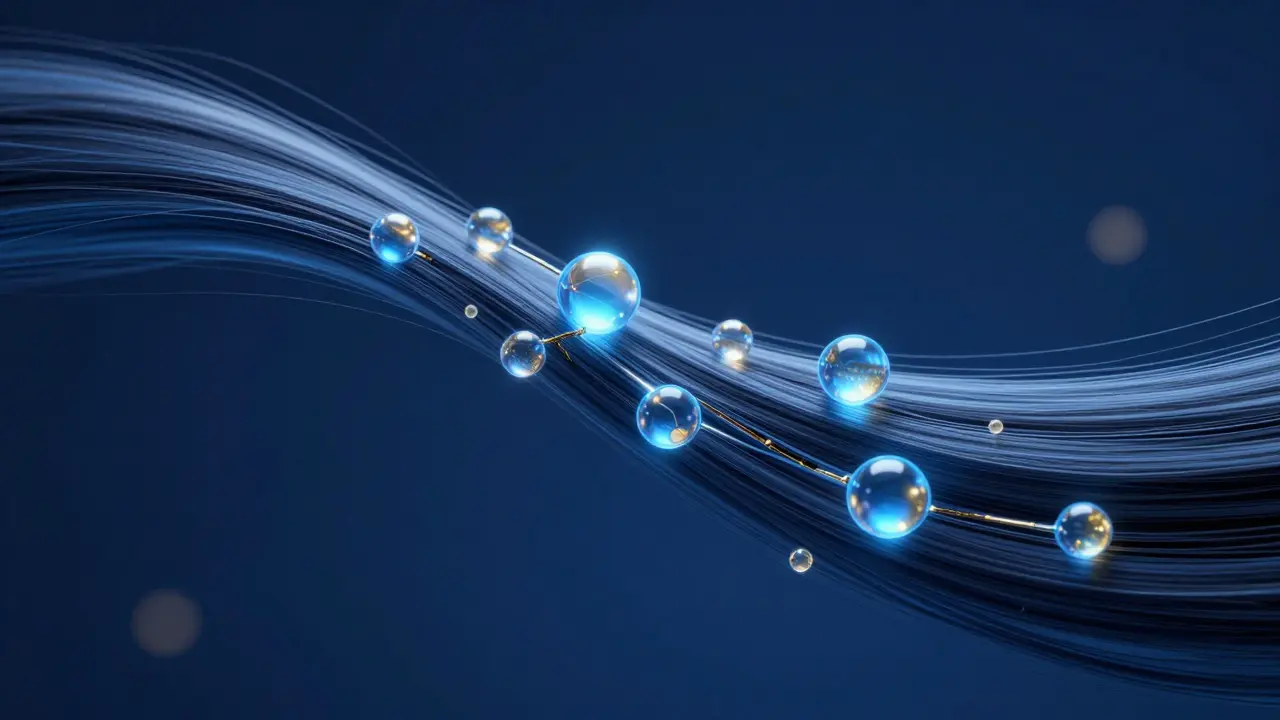 Konceptuální zobrazení kolagenu a kyseliny hyaluronové pronikající do vlasového vlákna.