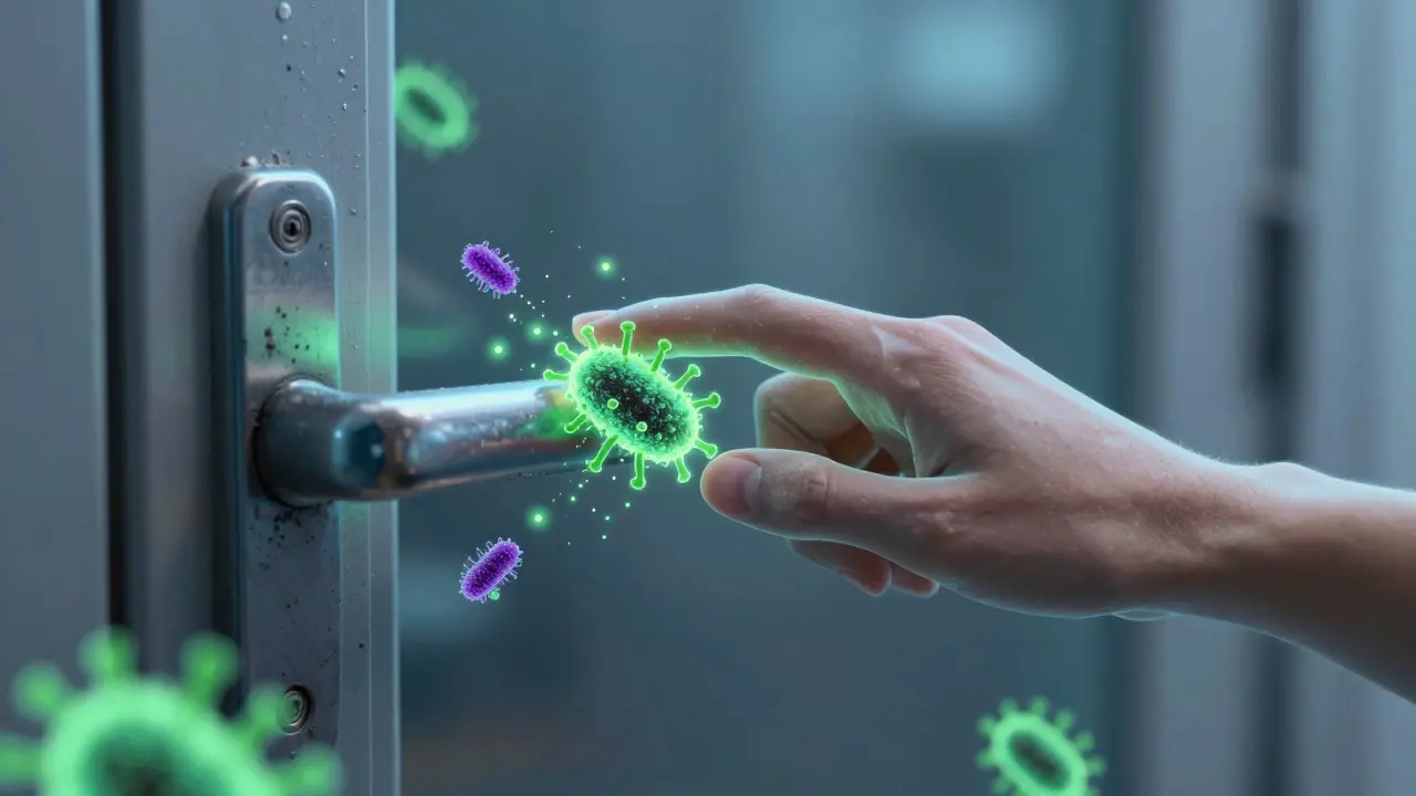 Konceptuální zobrazení přenosu bakterií z kliky dveří na prsty