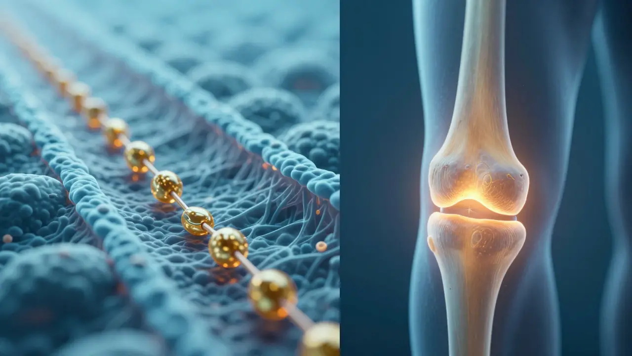 Konzepční zobrazení absorpce kolagenových peptidů a regenerace kloubu.