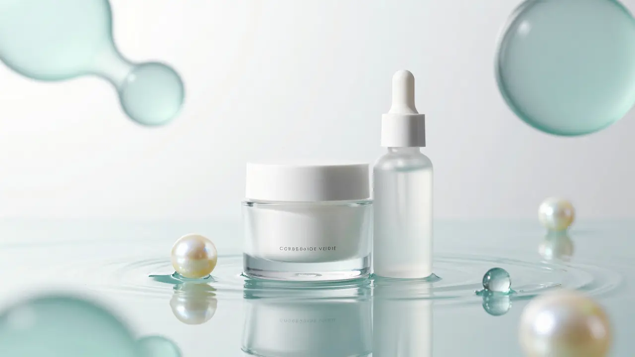 Kozmetické produkty s ceramidy v minimalistickém a čistém prostředí.