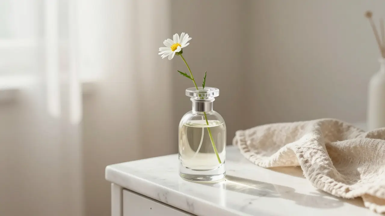 Krásná vyčištěná lahvička od parfému sloužící jako malá vázička s jedním květem.