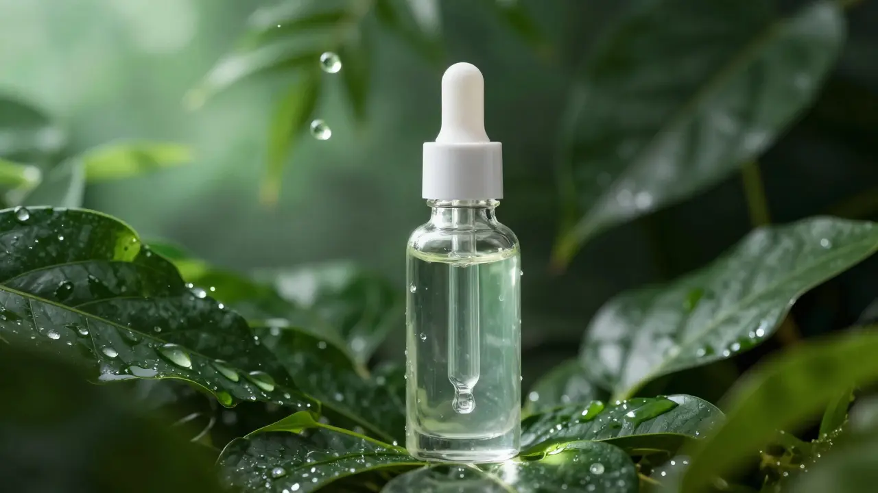 Křemíkové sérum s rostlinnými listy v pozadí symbolizující biotechnologii.