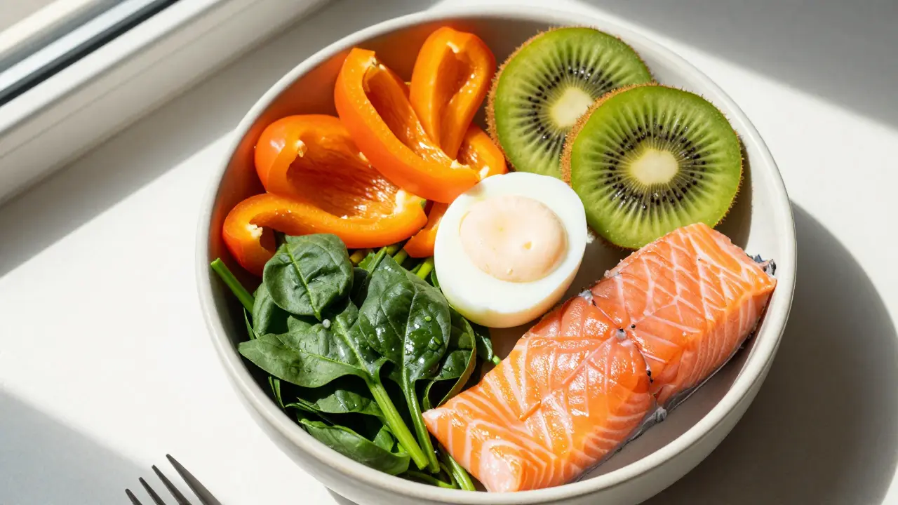 Miska zdravého jídla s paprikou, kiwi, špenátem a lososem pro podporu hubnutí.