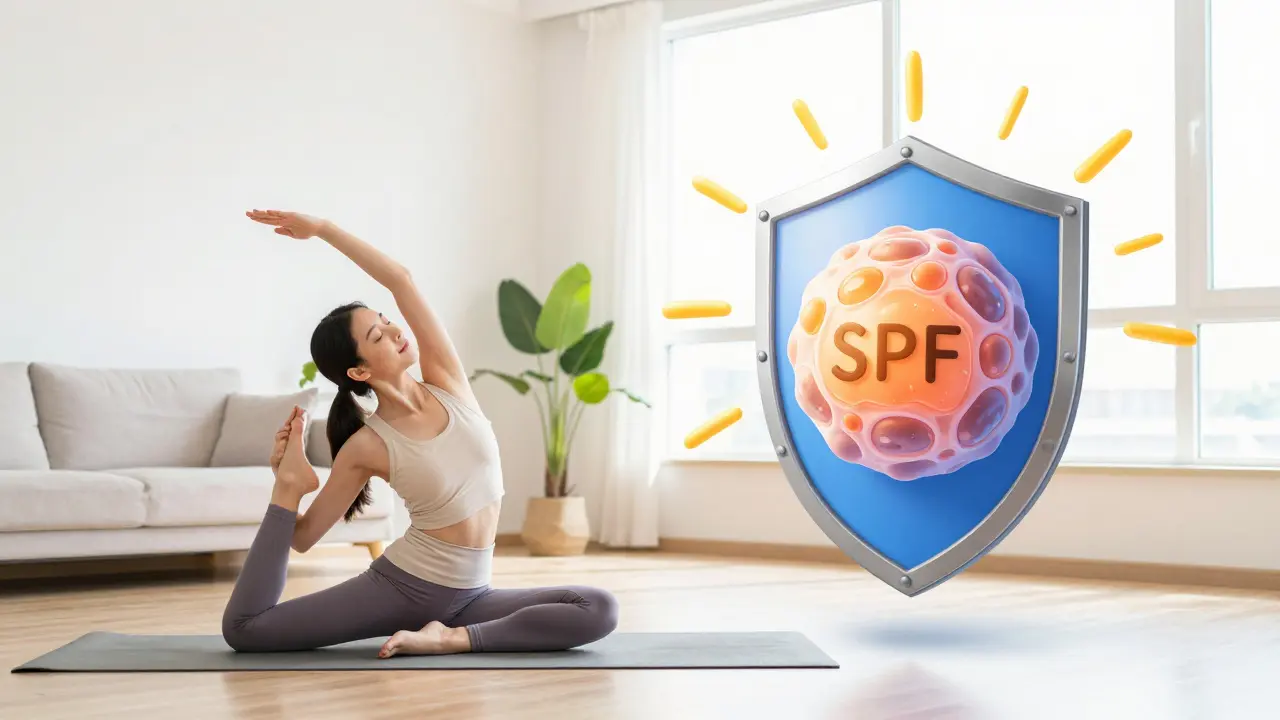 Osoba cvičící jógu v přítomnosti symbolického ochranného štítu před UV zářením.