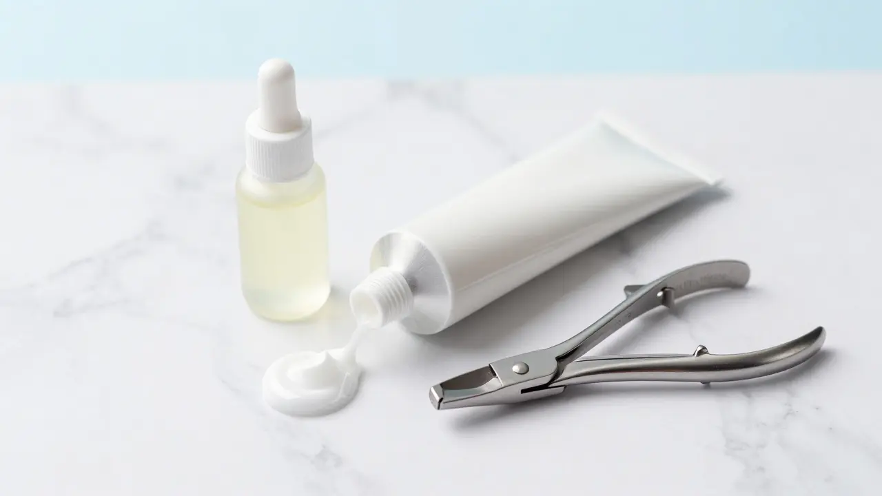 Profesionální kleště na nehty, krém s močovinou a olej na kutikuly na mramoru.