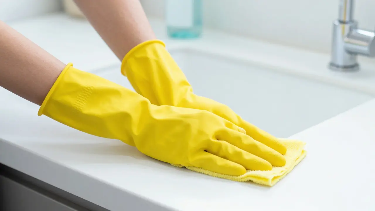 Ruce v žlutých gumových rukavicích při úklidu kuchyně pro ochranu nehtů.