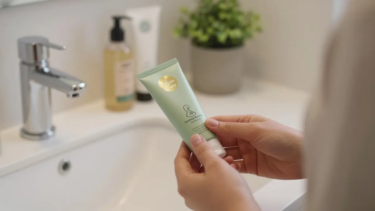 Ruka drží kosmetický produkt s certifikovanými logy The Vegan Society a Leaping Bunny.