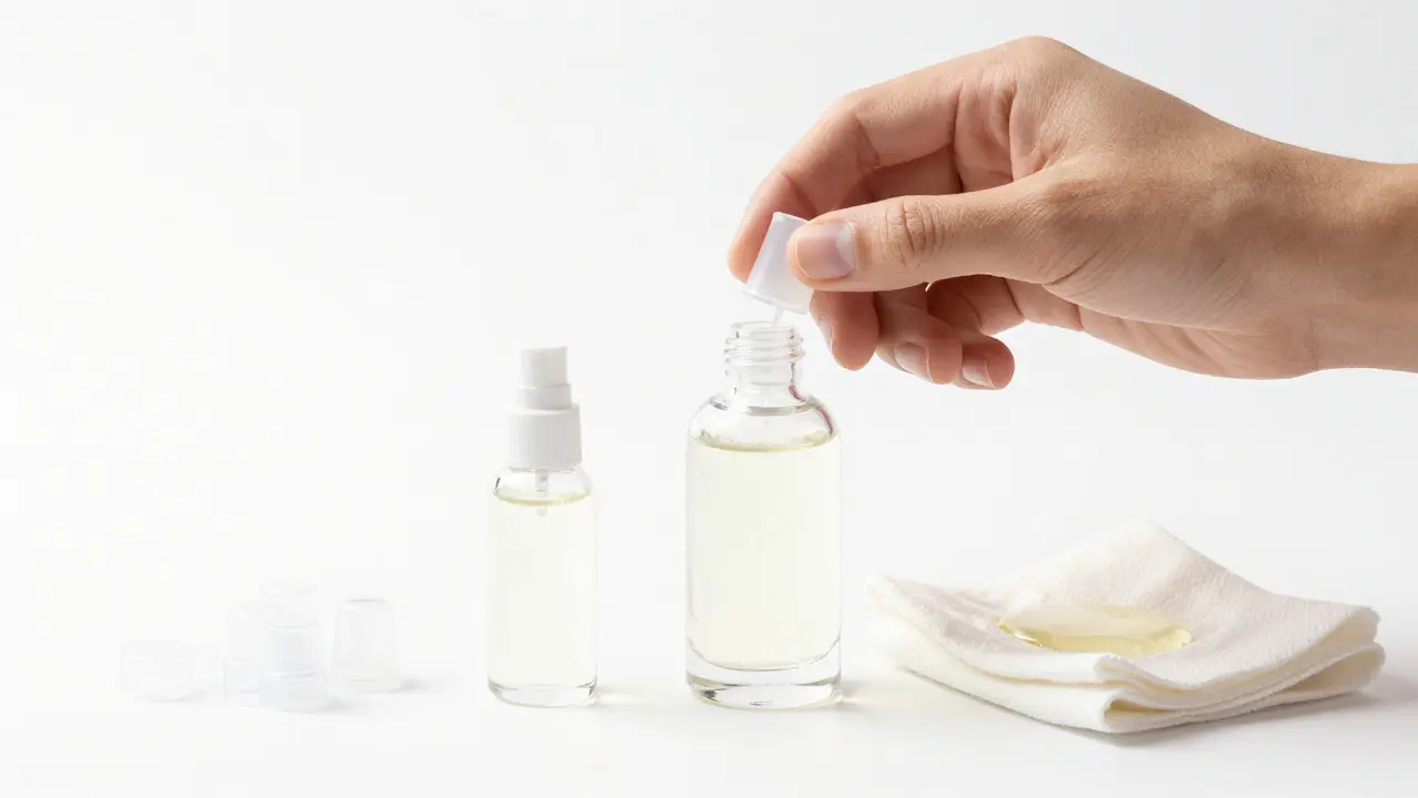 Rukou oddělený plastový rozprašovač od skleněné lahvičky vedle absorpčního hadru.