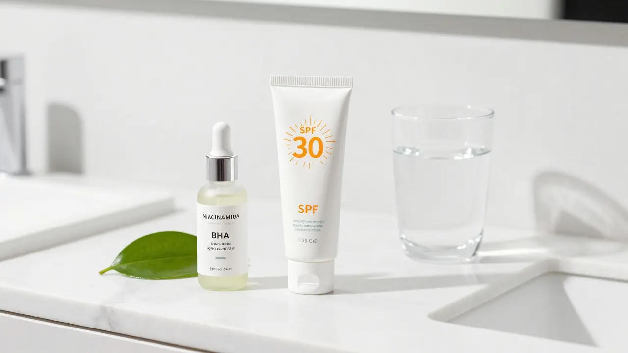 Sada dermokosmetiky včetně SPF a séra na mramorovém stole.