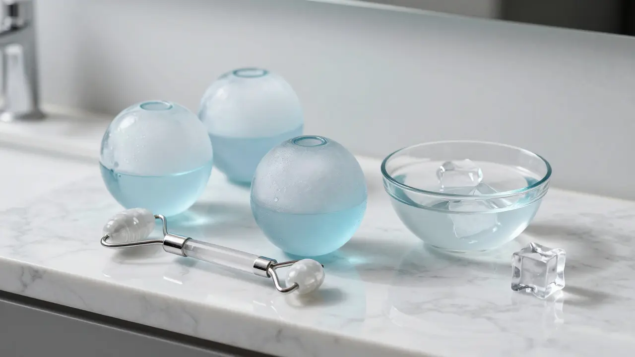 Sada nástrojů pro ledování obličeje včetně skleněných koulí a krystalového roleru.