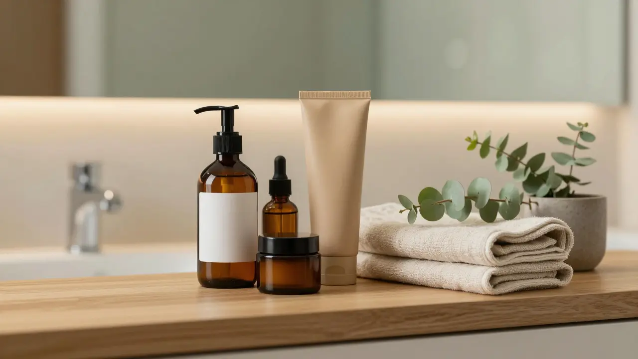 Sada organických kosmetických produktů v prosklených lahvičkách na dřevené polici.