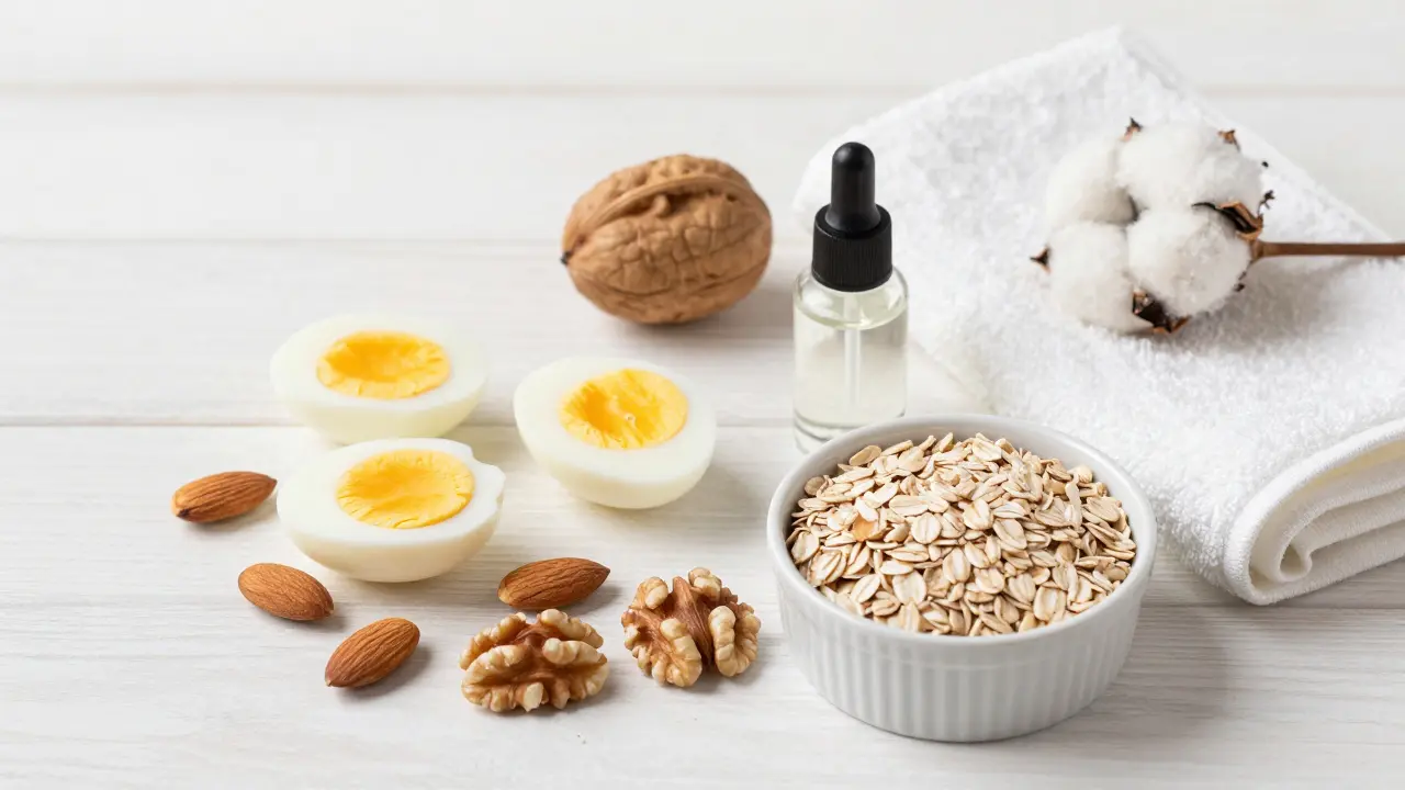 Sada potravin bohatých na biotin, jako jsou vejce, ořechy a obilniny.