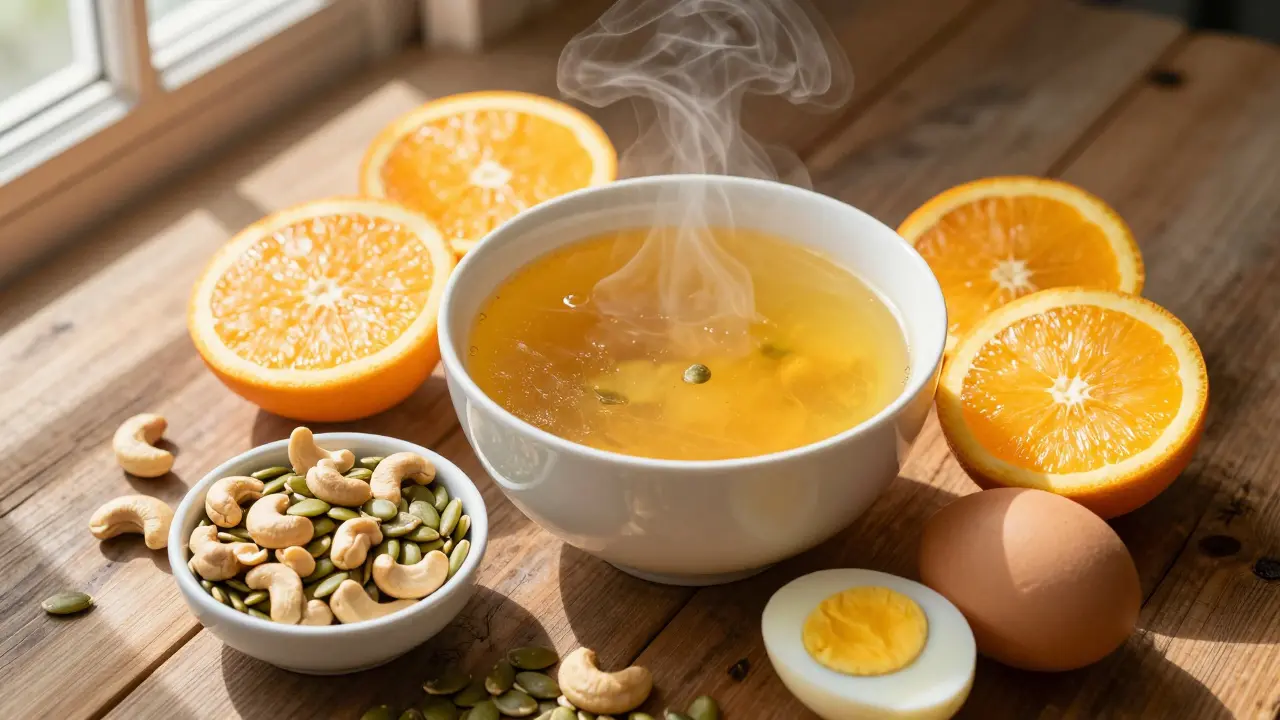 Sada potravin bohatých na kolagen a vitamín C, včetně kostního vývaru a citrusů.