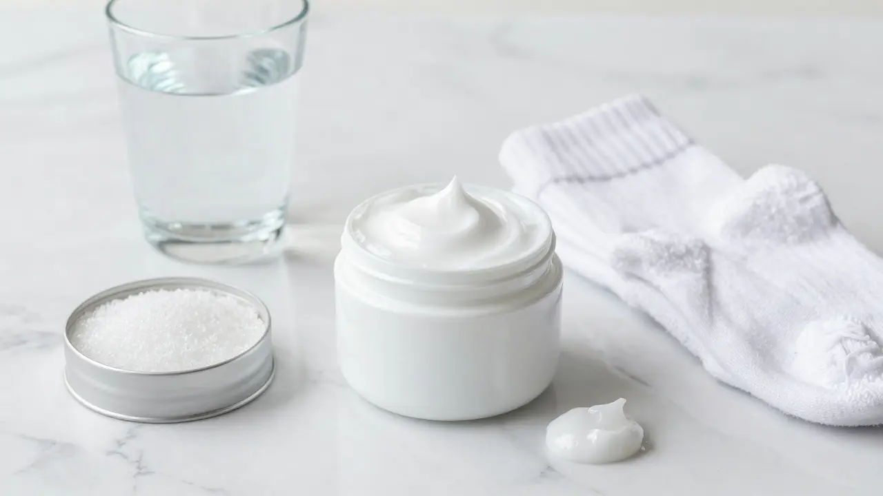 Sada pro domácí péči o nohy s hydratačním krémem a peelingem na mramorovém povrchu.