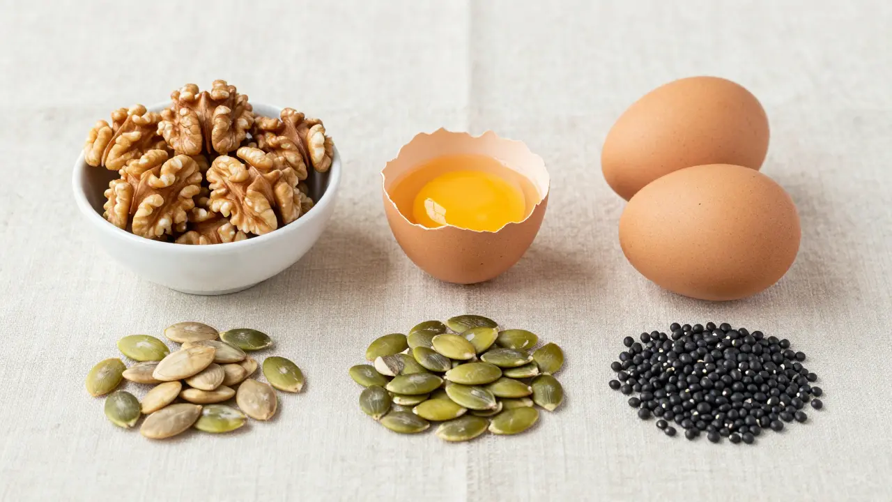 Sestava potravin bohatých na biotin a zinek, jako jsou ořechy, vejce a dýňová semínka.