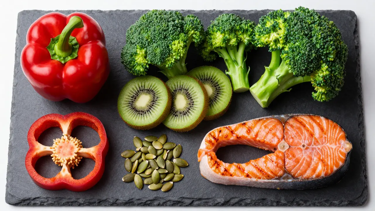 Sestava potravin bohatých na kolagen a vitamín C, včetně paprik, kiwi a lososa.