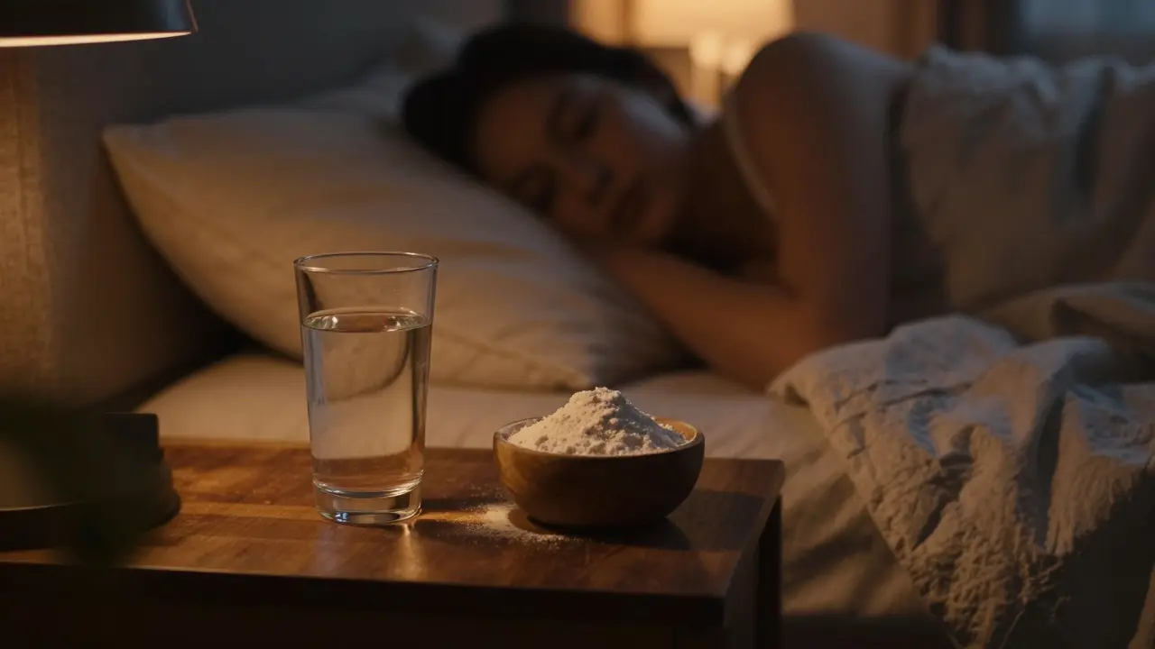 Sklenice s kolagenem na nočním stolku vedle postele v tlumeném světle.