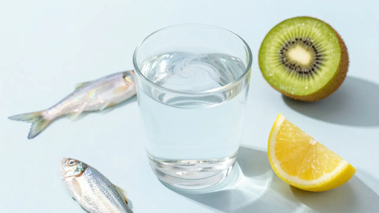 Sklenice s rybím kolagenem, plátek kiwi a citronu na světlém pozadí.