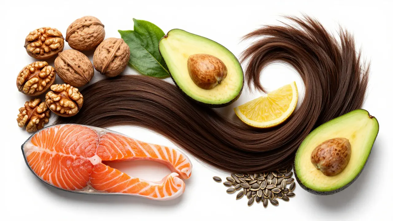 Složky zdravé stravy jako ořechy a ryby doprovázející zdravé vlasy.