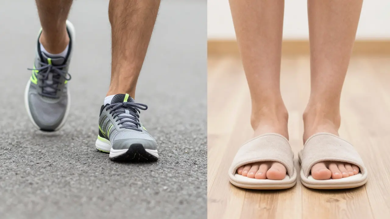 Srovnání nohou sportovce v teniscích a člověka v pohodlných domácích pantoflích.