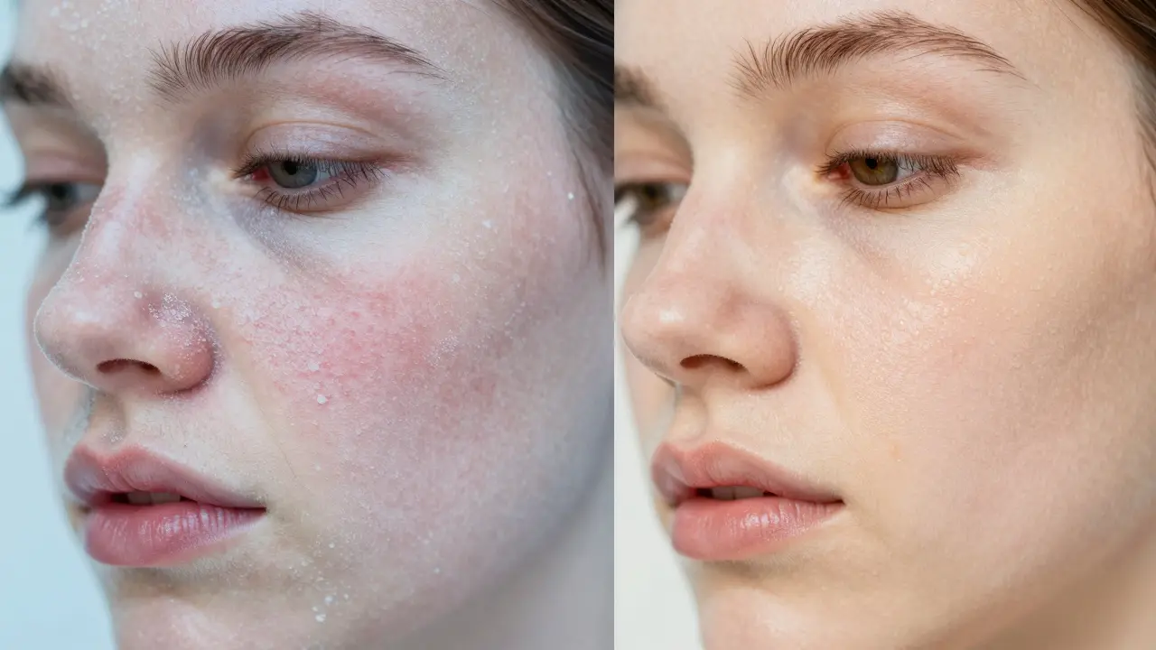 Srovnání podrážděné zimní pleti s regenerovanou a hydratovanou pletí.