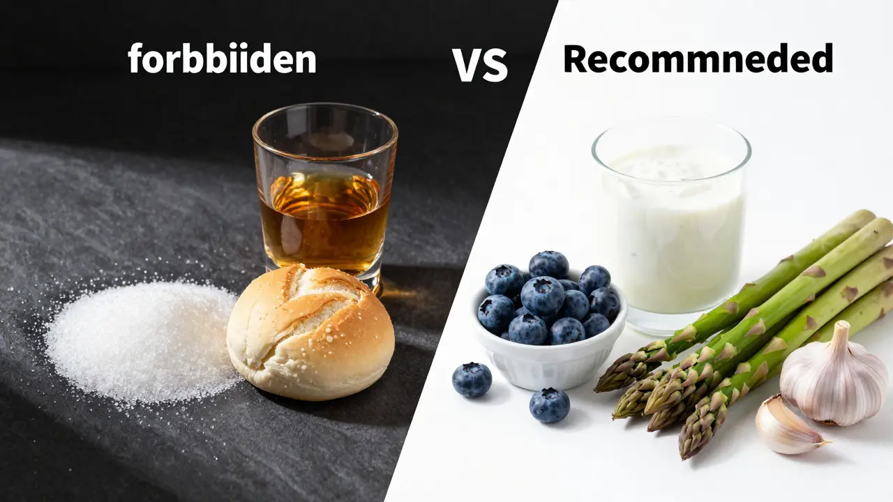 Srovnání škodlivých potravin jako cukr a alkohol s prospěšným kefírem a zeleninou.