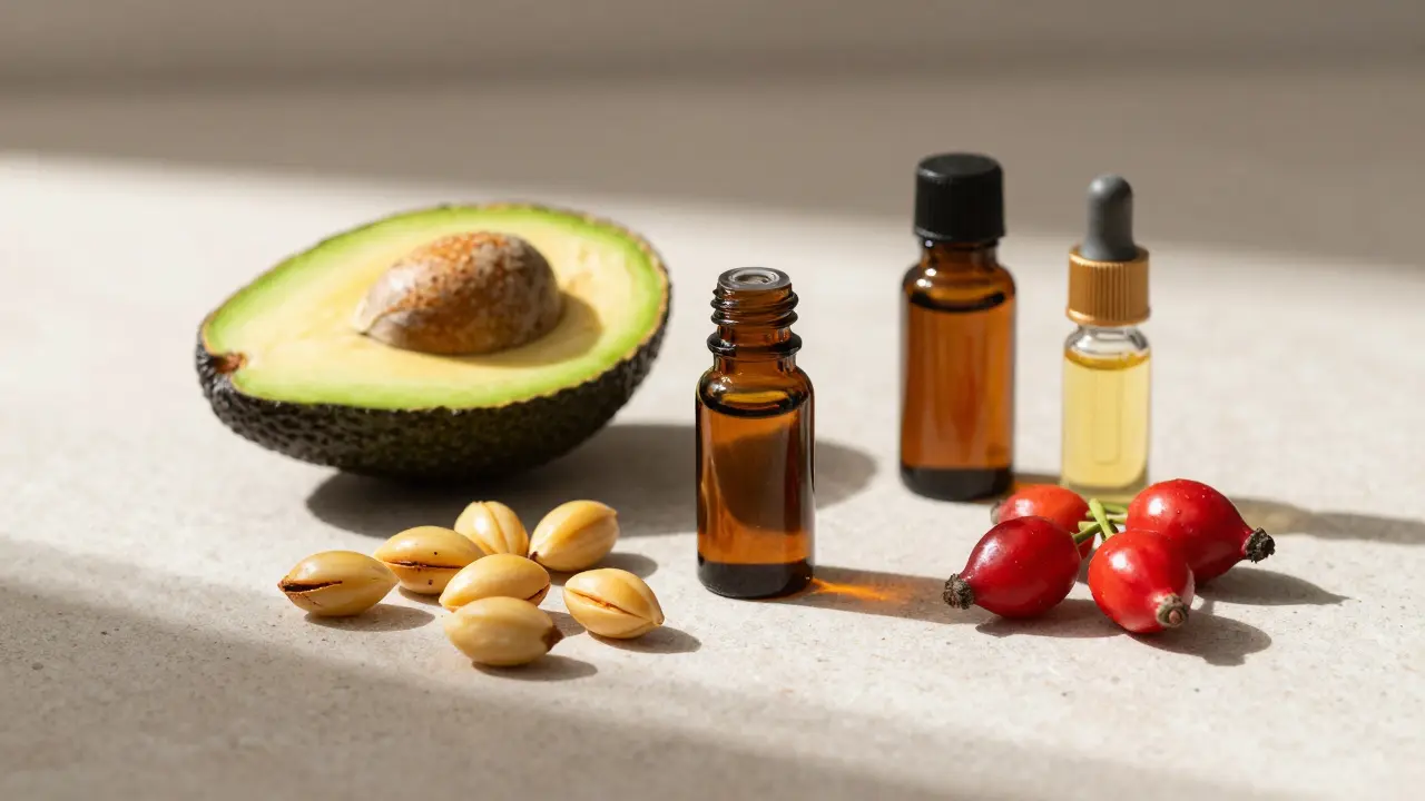 Stále život plodů avokádo a šípků vedle tmavých lahviček s rostlinnými oleji.