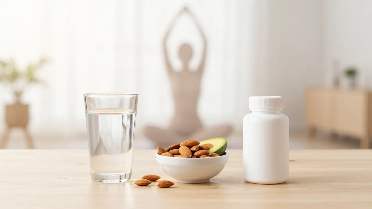 Stůl s vodou, avokádem a doplňky stravy s rozvlněnou siluetou cvičící osoby v pozadí.