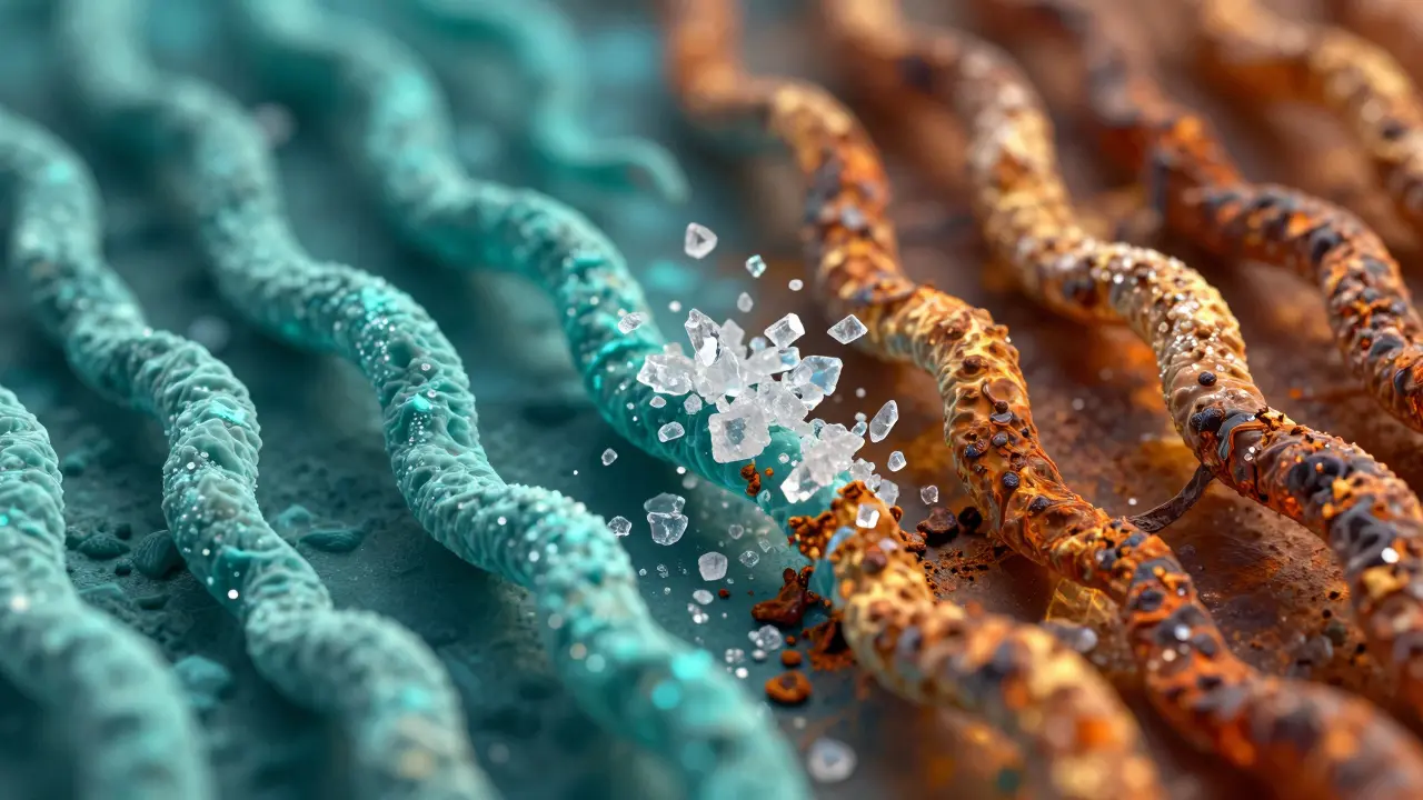 Umělecké zobrazení degradace kolagenu z cukru a UV záření.