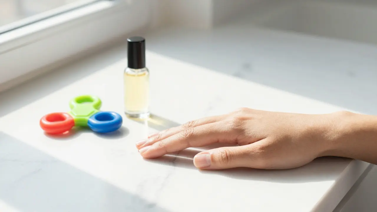 Upravené zdravé ruce s antistresovou hračkou a olejem na nehty