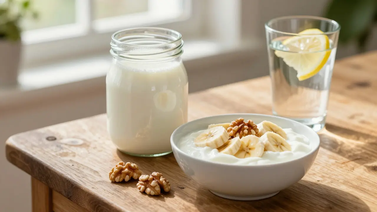 Zdravá snídaně s kefírem a banánem pro podporu obnovy střevní mikroflóry.