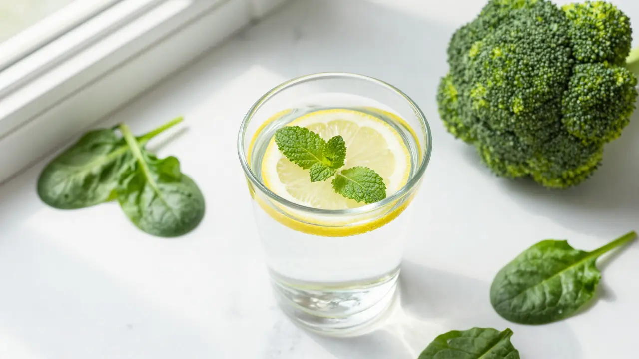 Zdravá strava s vodou, citronem a zeleninou jako symbol detoxikace organismu.