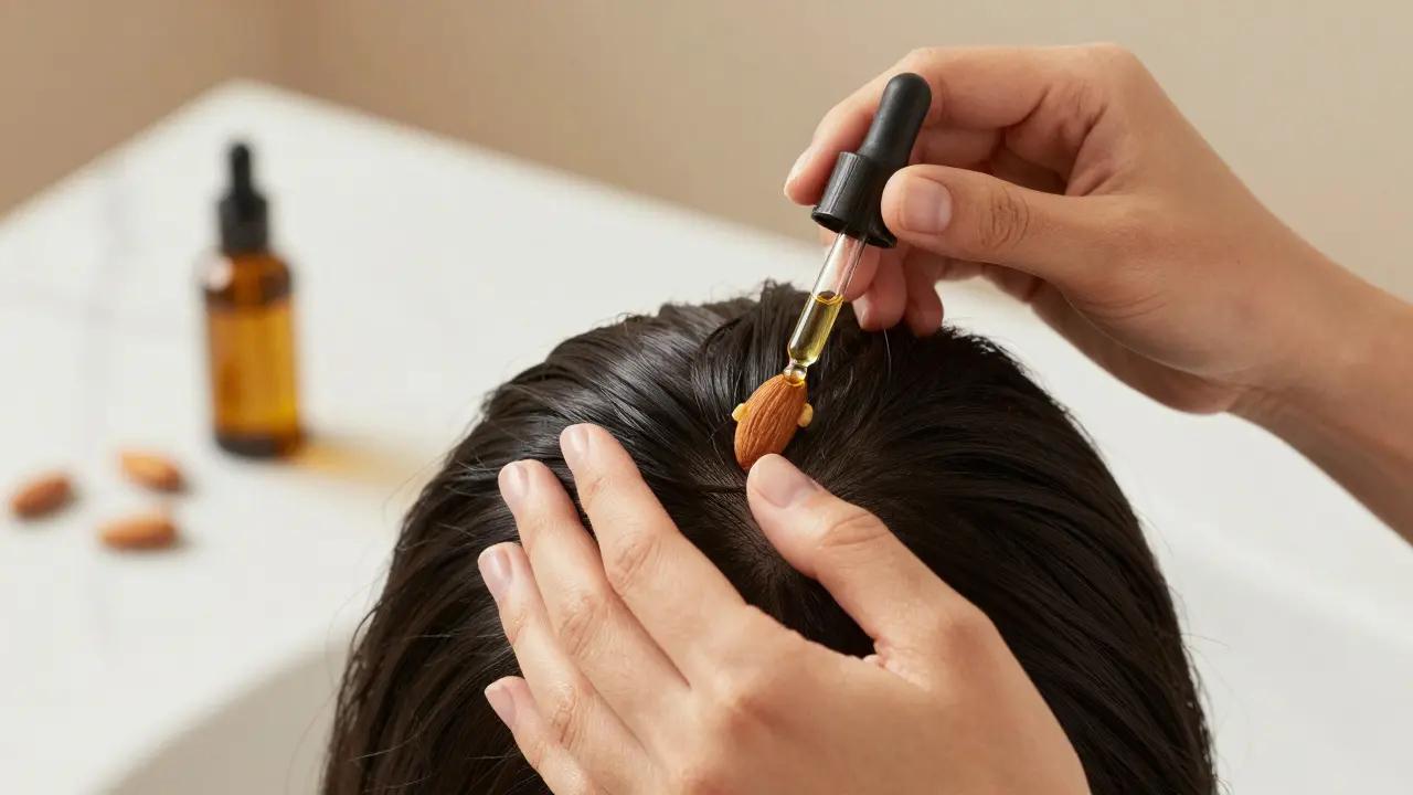 Žena masíruje pokožku hlavy s přírodními oleji v uklidňujícím domácím prostředí.