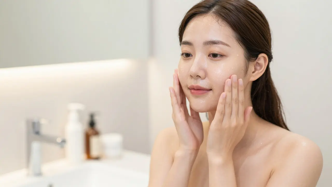 Žena vklepává hydratační tonikum do tváře pro zářivou pleť.