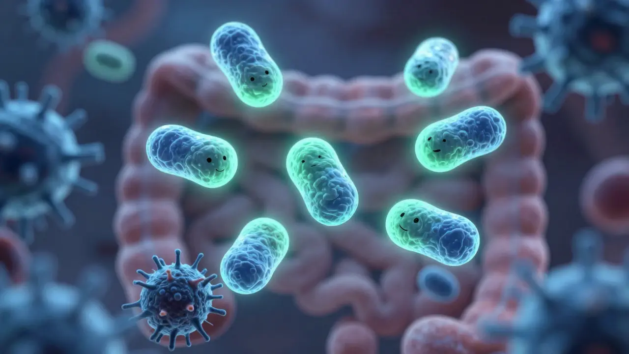 Abstraktní znázornění prospěšných probiotik ve střevech