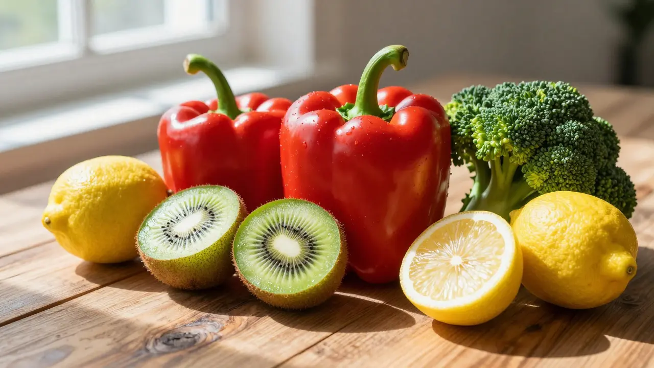Čerstvé ovoce a zelenina bohaté na vitamín C pro podporu tvorby kolagenu.