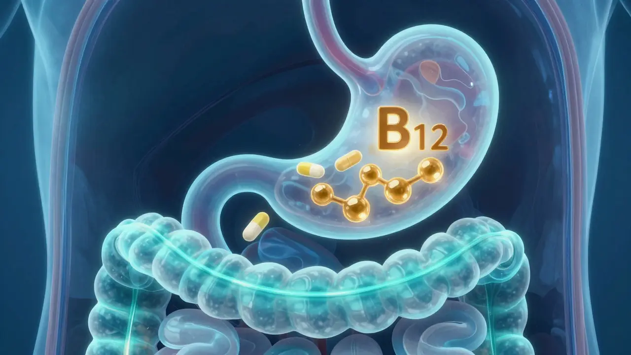 Konceptuální ilustrace vstřebávání vitamínu B12 v trávicím traktu s molekulárními strukturami.