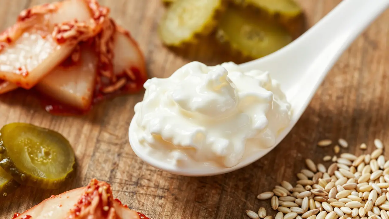 Lžíce kefíru obklopená fermentovanými potravinami