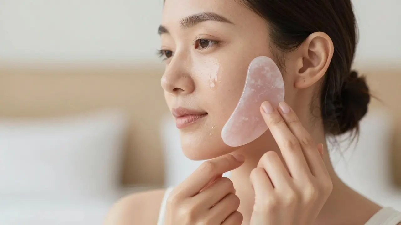 Masáž obličeje nástrojem Gua Sha pro pevnost pleti