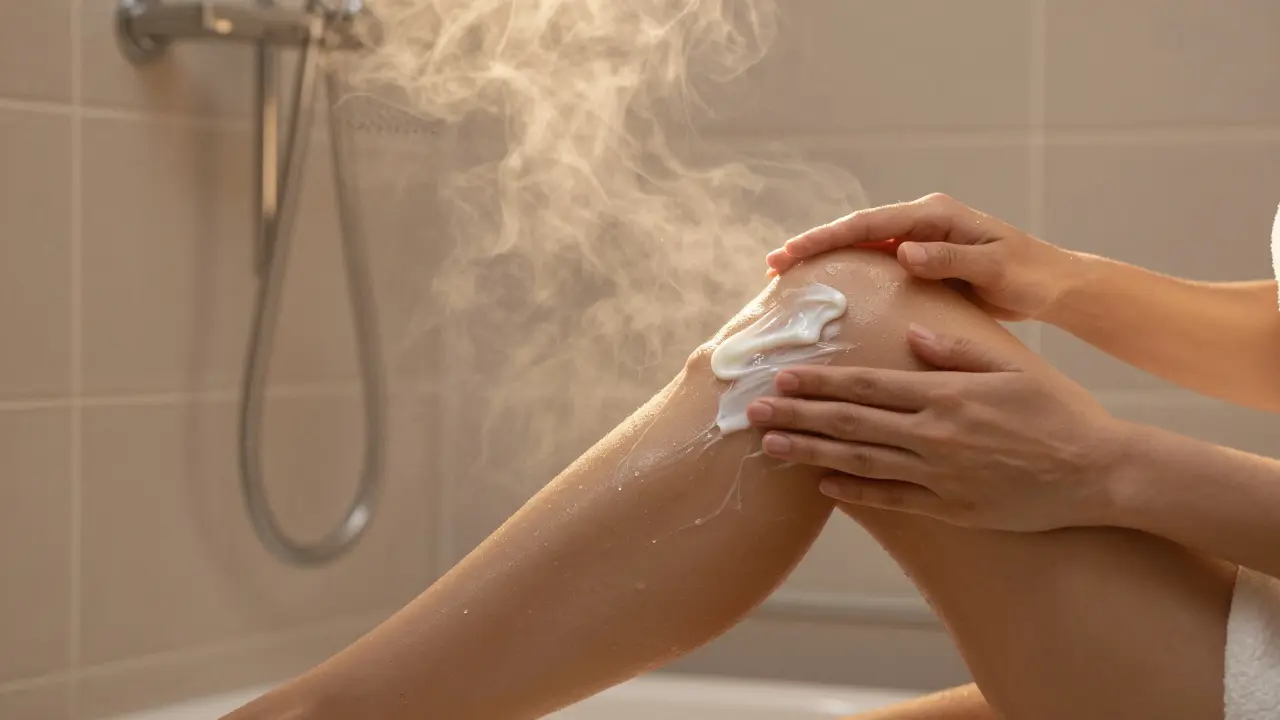 Naný hydratačního krému na nohy po exfoliaci v koupelně
