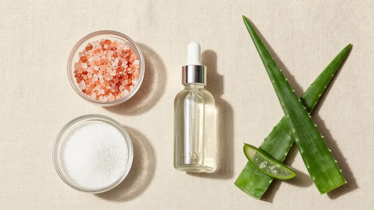 Přehled přírodních exfoliačních prostředků a aloe vera na neutrálním pozadí
